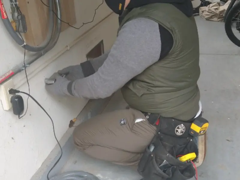 Electrician performing outlet wiring in a San Jacinto garage
